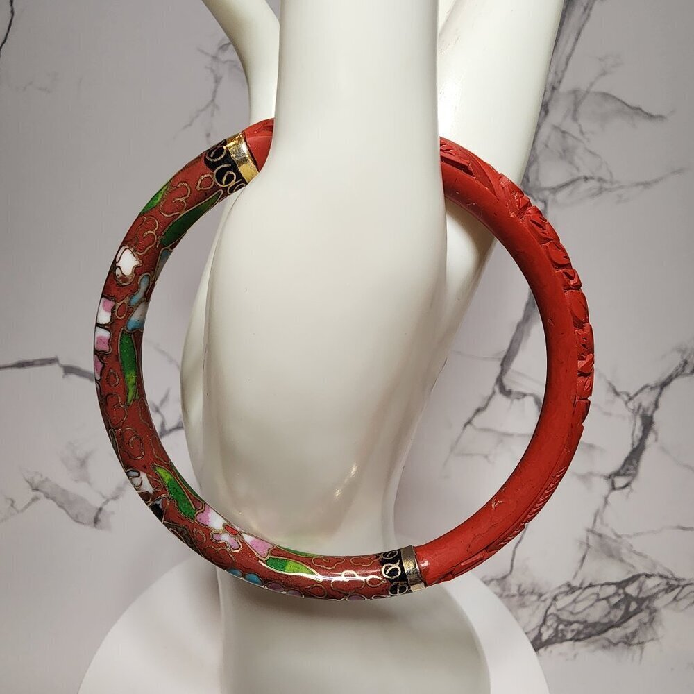Vintage Red Floral Cloisonne and Carved Cinnabar Bracelet